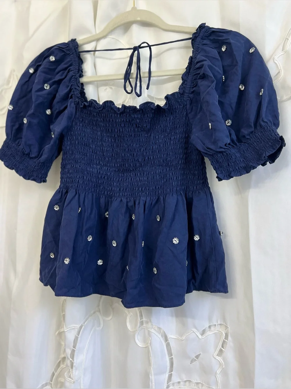 Hill House Home Jewel Jammie Top Navy Crystal Smocked Size Small